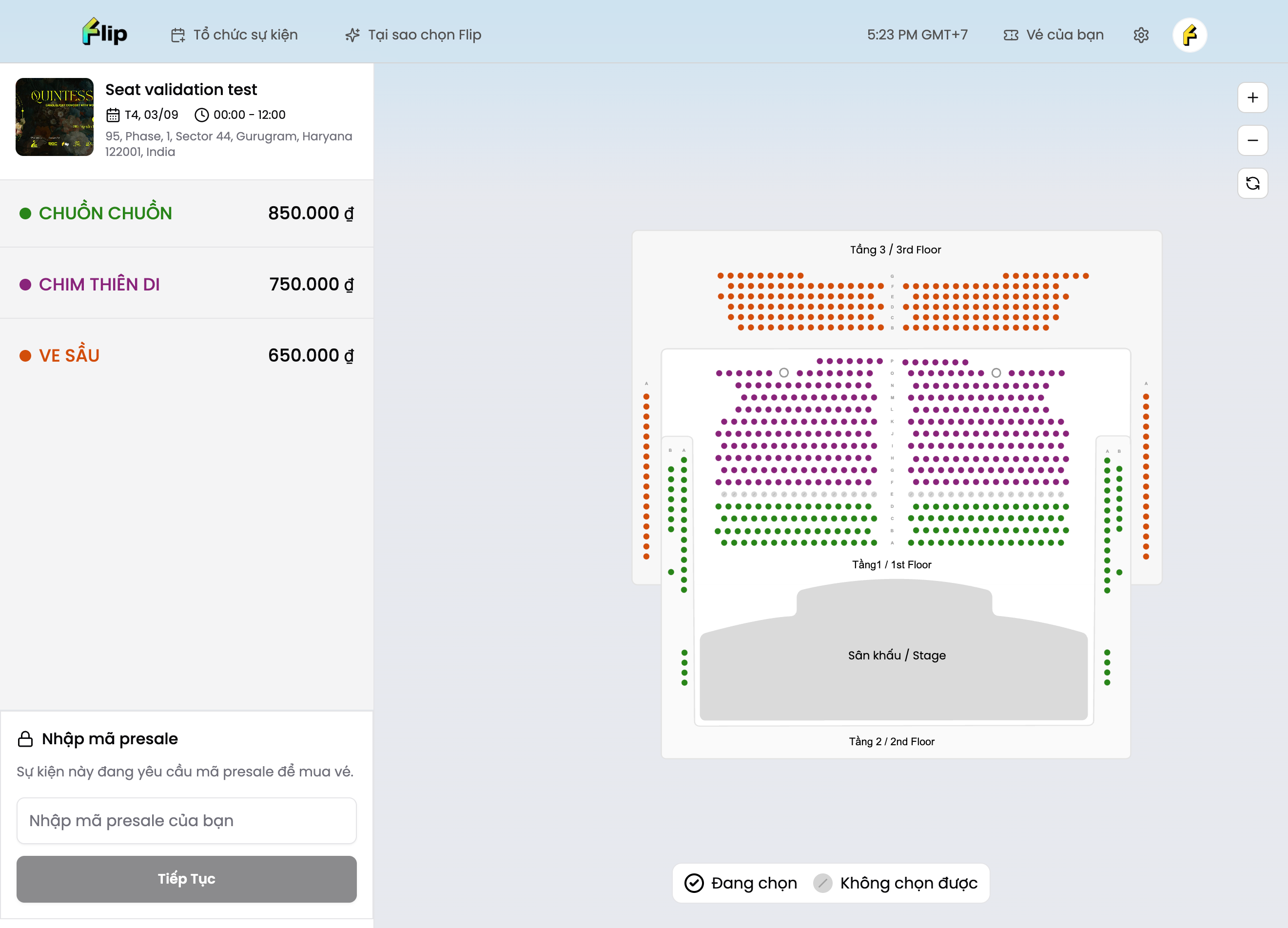 Màn hình đặt chỗ yêu cầu mã truy cập