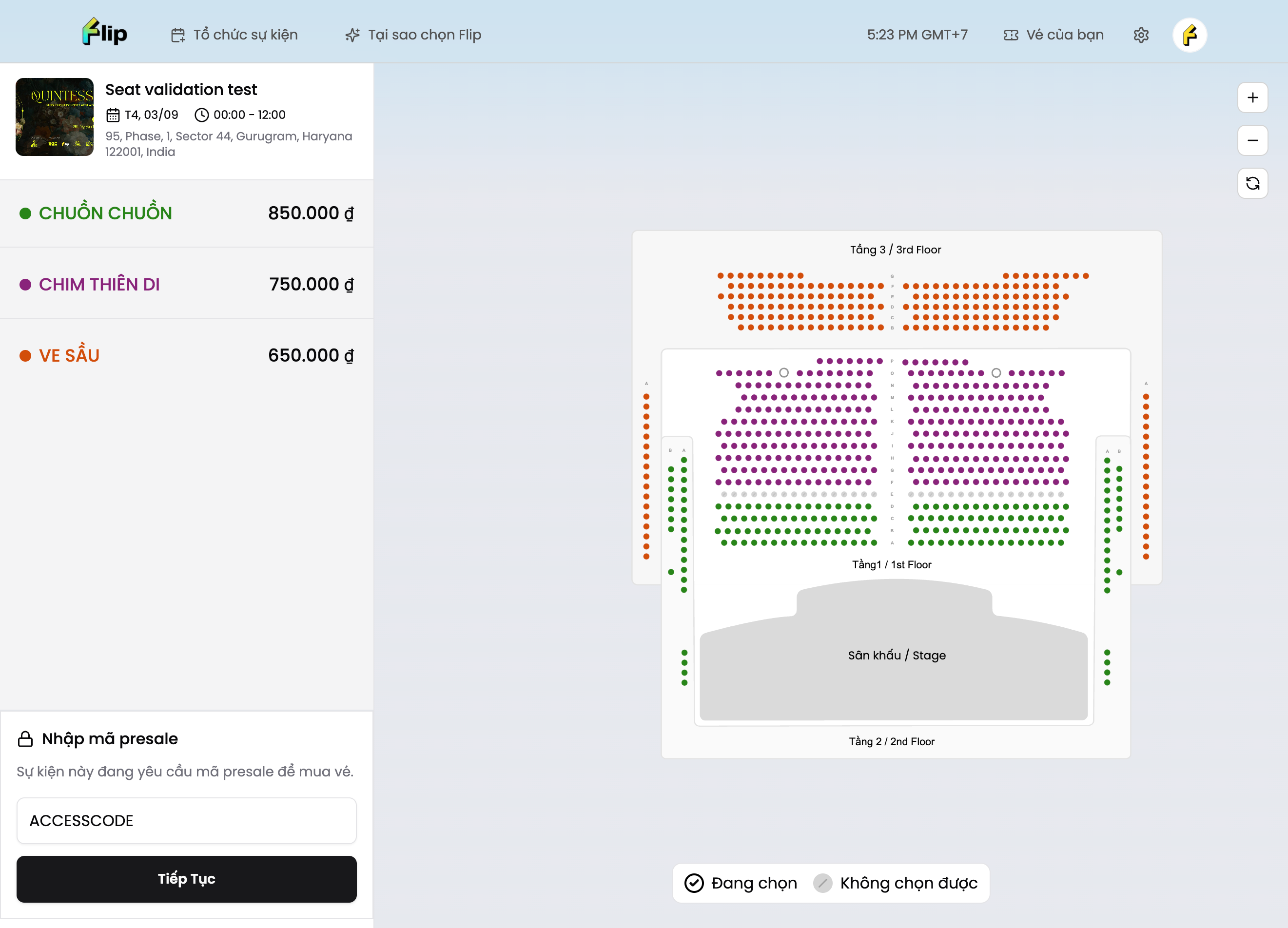 Nhập mã truy cập cho sự kiện đặt chỗ