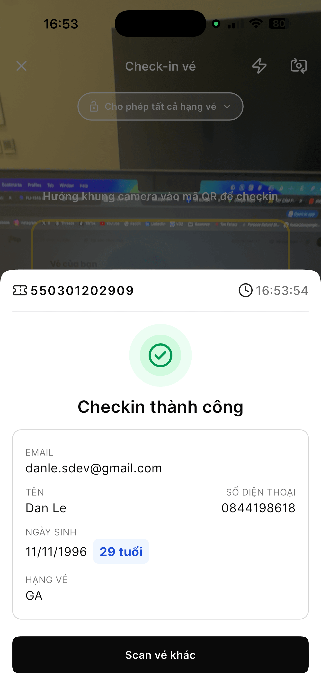 Màn hình check-in thành công với thông tin vé
