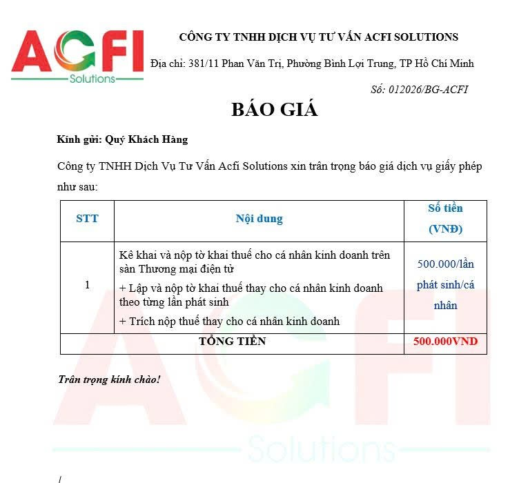 Bảng giá dịch vụ khai thuế cho BTC cá nhân